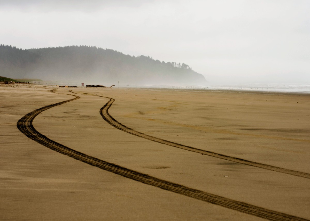 sinewy curving tire tracks wet sand foggy mist fog beach ocean @jenphotographs