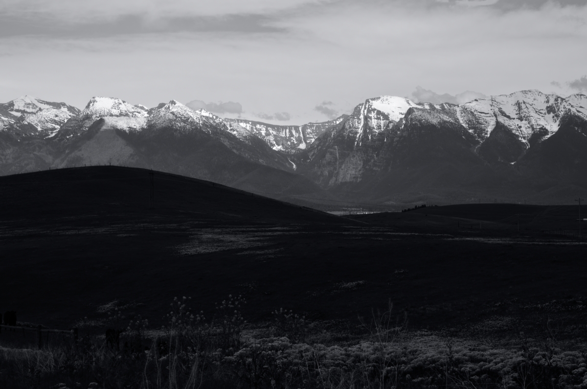a mountain range in Montana, in black and white